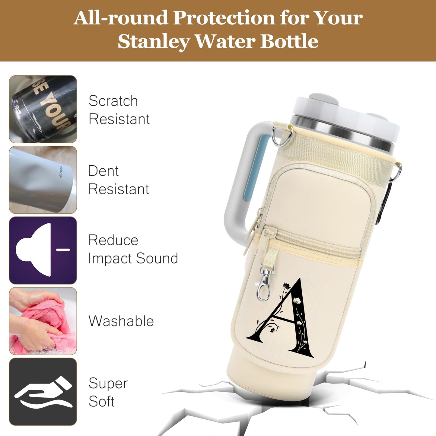 LOKASS for Stanley Cup Accessories 40 oz Water Bottle Carrier Bag with Phone Pocket for Stanley Tumbler Holder with Strap, Personalized Gifts with Floral Initial A-Z for Women/Girls/Stanley Cup Fans