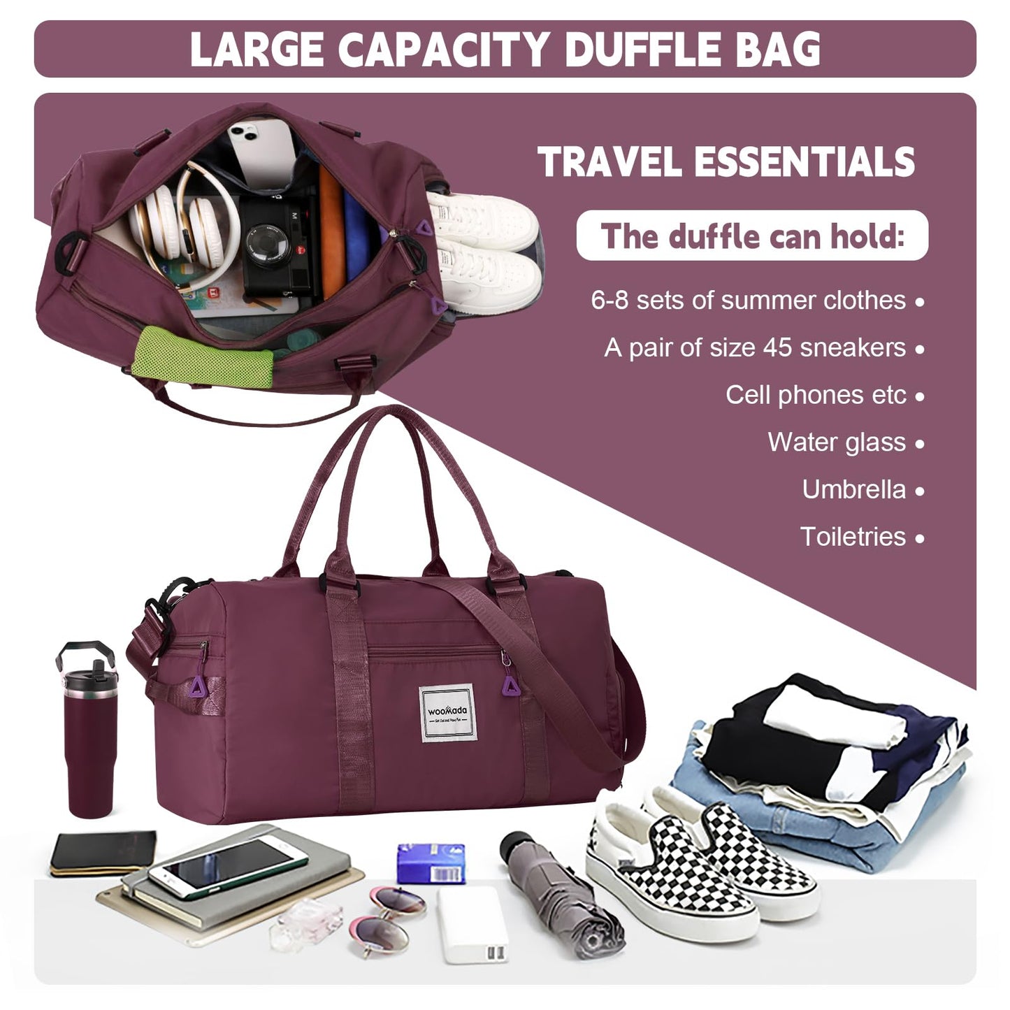 WOOMADA Women's Gym Duffel Bag, Travel Overnight Tote with Shoe Compartment, Large Wet Pocket & Trolley Sleeve, Ideal for Travel, Workout, Sport(Purple)