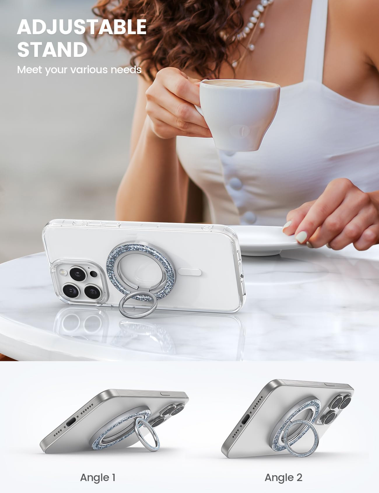 Lamicall Magnetic Phone Ring for MagSafe Grip - 2025 [Super Magnet] Stylish Twinkle Ring Holder Stand with [Upgrade Gear Hinge], Mag Safe Accessory for iPhone 16 15 14 13 Pro Max Plus, Glitter Silver