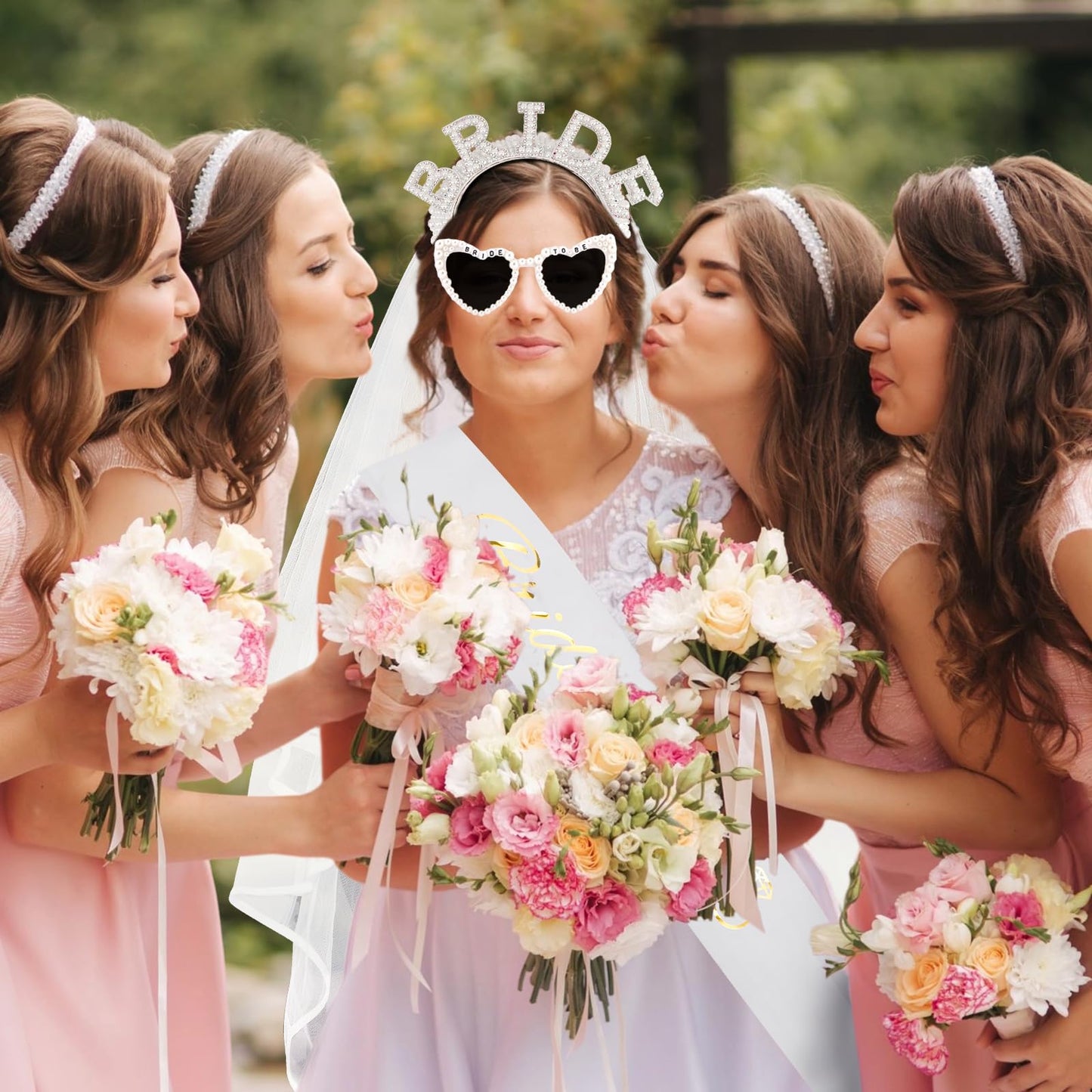 KICOSY 4PCS Bridal Set - Bride Headband, Heart-Shaped Sunglasses, “Bride to Be”Sash & Veil - Bachelorette Party, Bridal Shower, Wedding Photos & Ceremony
