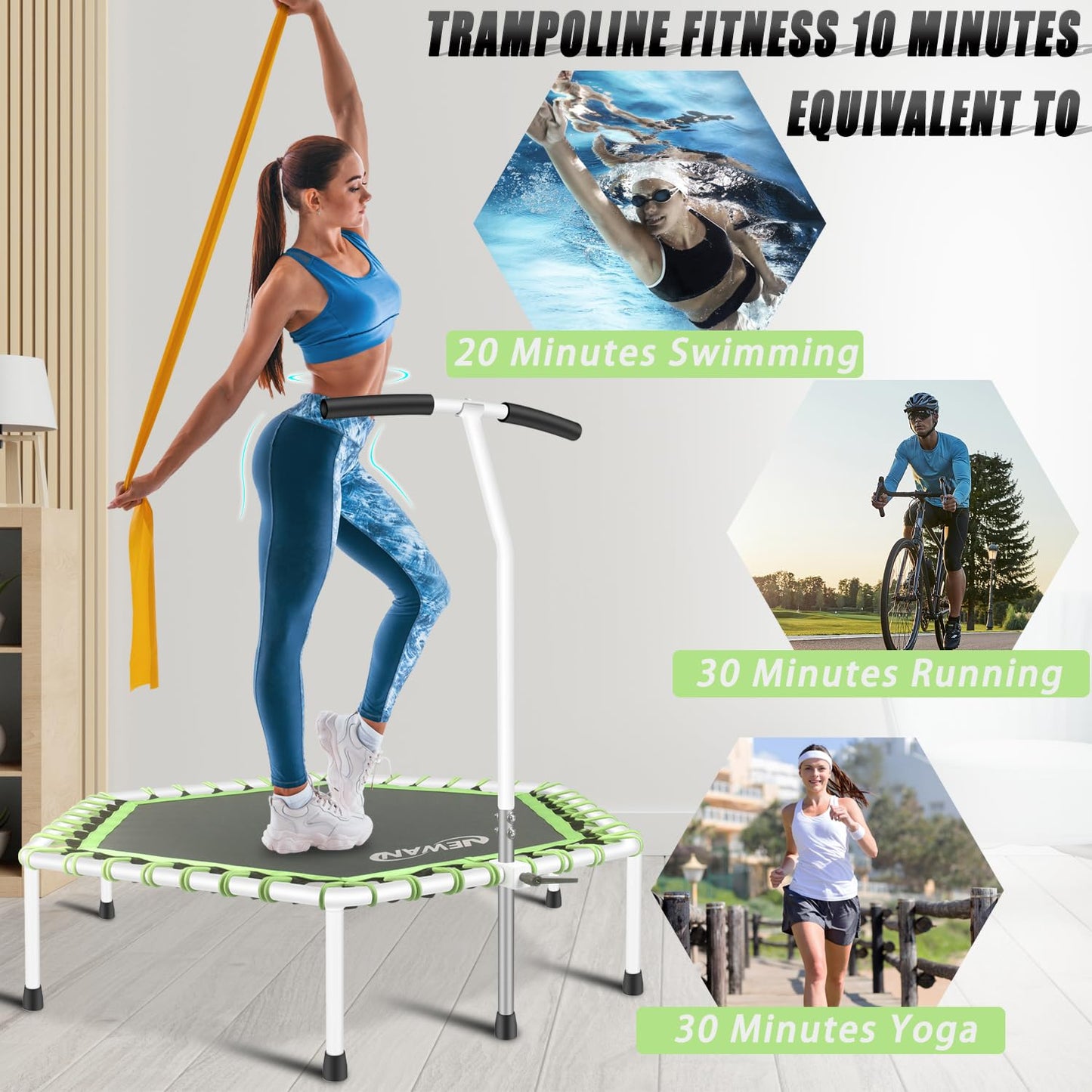 Newan 48'' Fitness Trampoline with Adjustable Handle Bar, Silent Trampoline Bungee Rebounder Jumping Cardio Trainer Workout for Adults - Max Limit 330 lbs