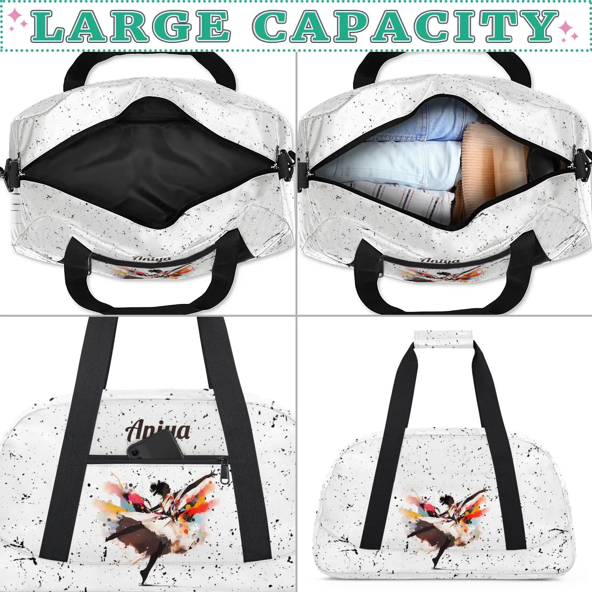 Personalized Gym Bag for Kids Girls, Black Girls Dance Custom Small Duffel Bag with Padded Handles Carry On Weekend Travel Bag for School Practice Ball Games