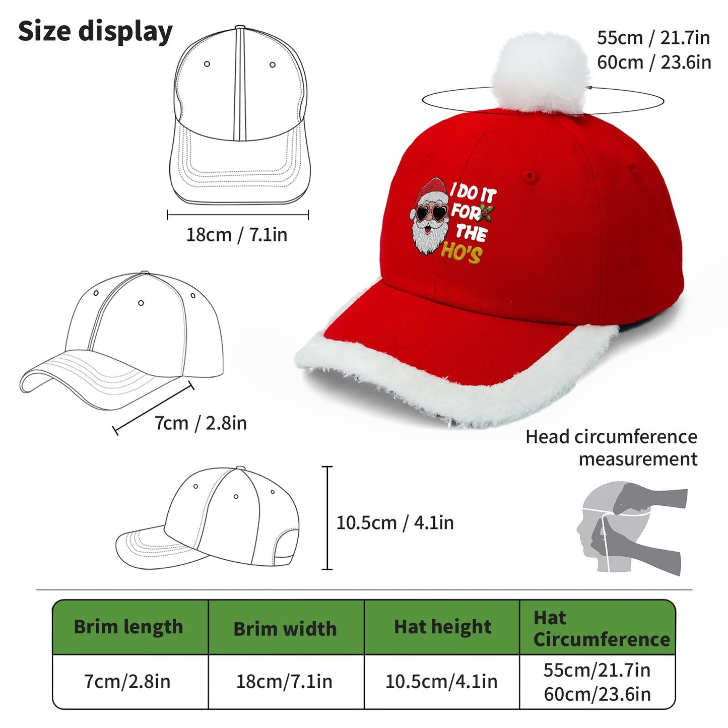 LOTBTRII Santa Hat Embroidered I Do It for The Ho's Funny Inappropriate Christmas Men Women Santa Baseball Cap with Fuzzy Fur Pom