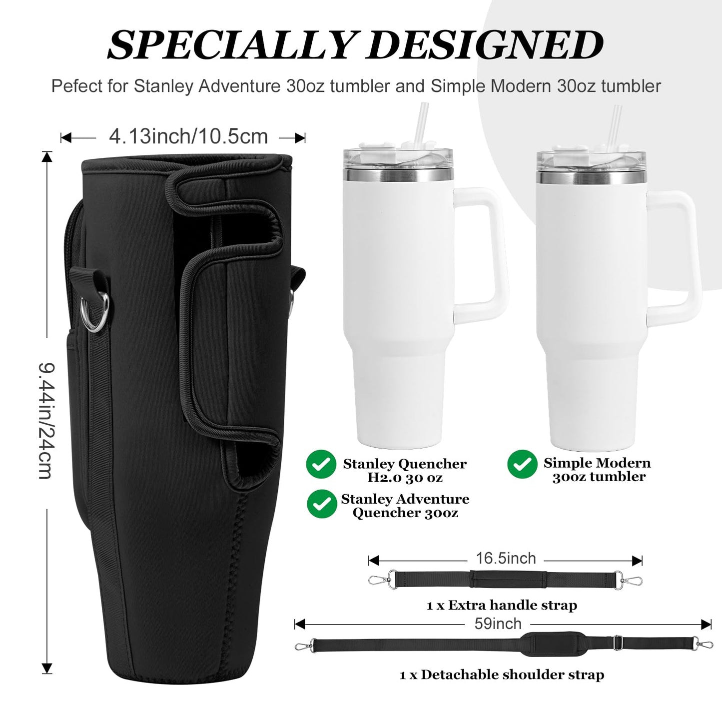 Water Bottle Holder with Strap Pouch and Handle fits for Stanley 30 oz Tumbler, Water Bottle Carrier Bag with 4.9FT Strap, Bottle Pouch for Stanley Cup Accessories