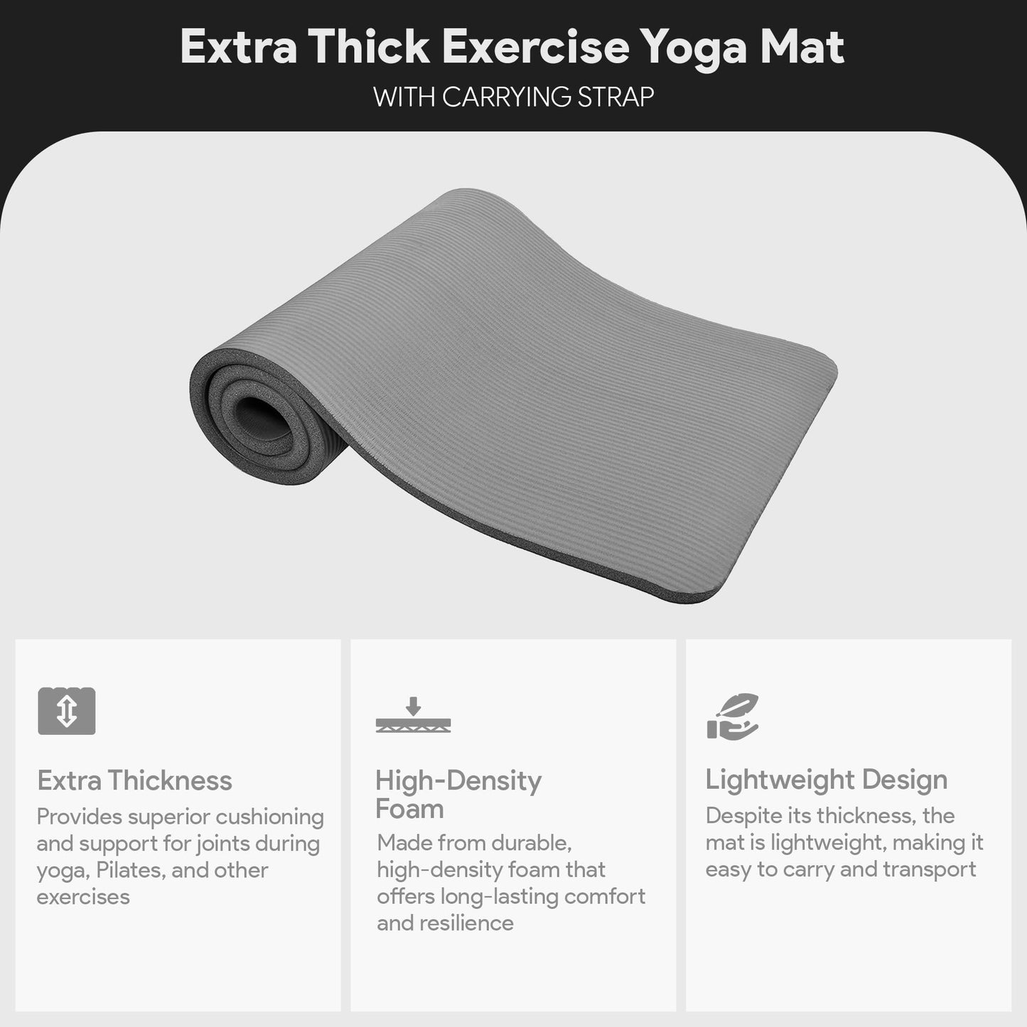 BalanceFrom All-Purpose 1-Inch Extra Thick High Density Anti-Tear Exercise Yoga Mat with Carrying Strap (Gray)