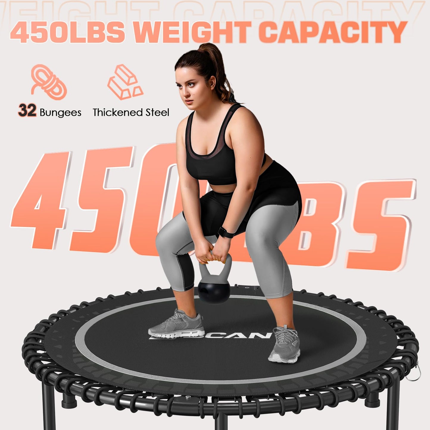 BCAN 450 LBS Foldable Mini Trampoline, 40" Fitness Trampoline with Adjustable Handle Bar, Bungees, Stable & Quiet Exercise Rebounder for Kids Adults Indoor/Garden Workout-Silver