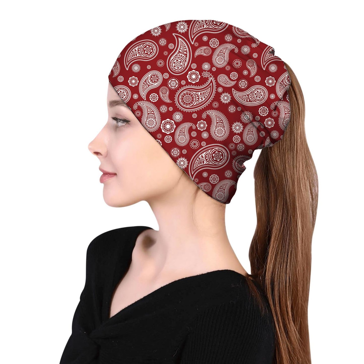 JoUbi Red Paisley Women's Slouchy Beanie Hat Cute Turban Hats Cancer Headwear Caps Baggy Skull Sleep Scarf