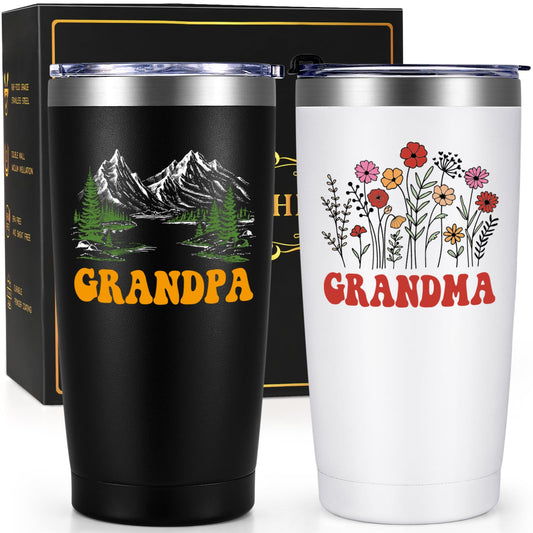 Qtencas Grandma and Grandpa Gifts, Grandparents Christmas Gifts, Grandpa and Grandma insulated Travel Tumbler Set, Gift for Grandparents on Christmas Birthday Anniversary, 20 Oz Black & White