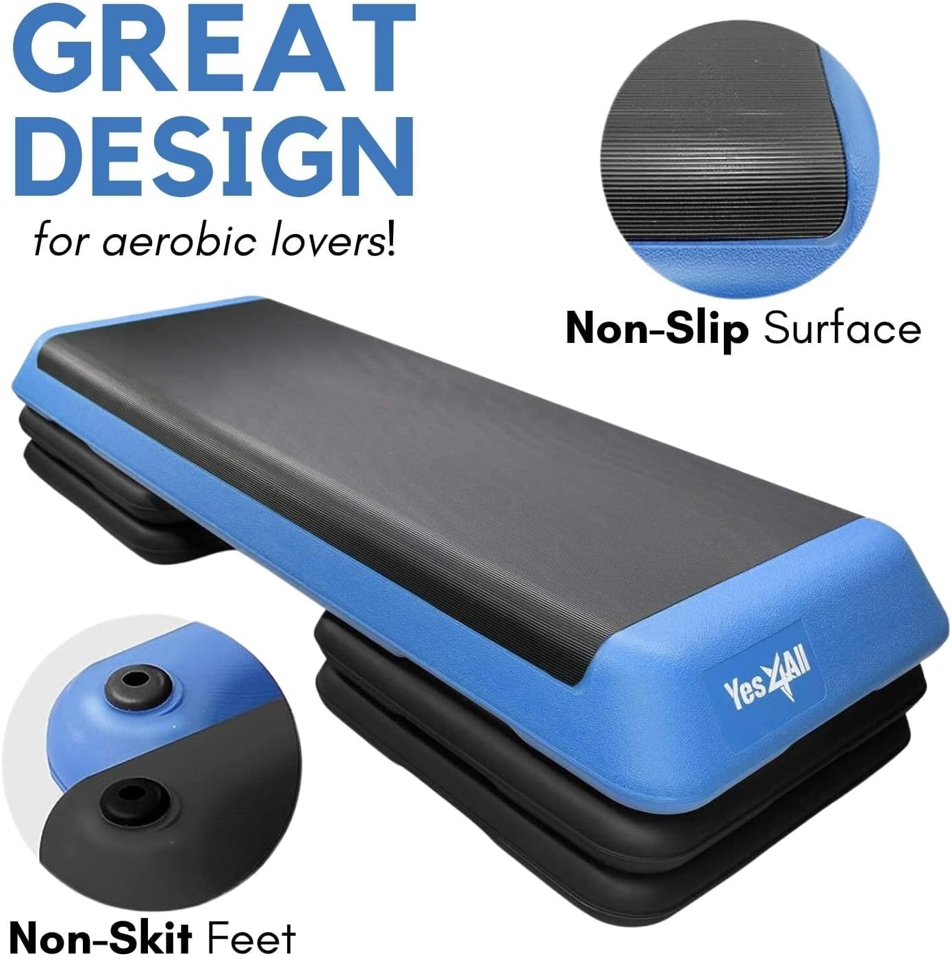 Yes4All Adjustable Workout Aerobic Exercise Step Platform Health Club Size with 4 Adjustable Risers Included and Extra Risers Options - Blue Black