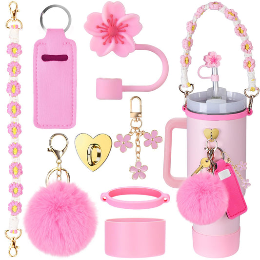 Mity rain Cup Accessories for Stanley Cup 30oz 40oz Tumbler with Handle, Including Water Bottle Handle Strap, Chapstick Holder, Boot, Keychain Charms, Straw Topper Cover Cap for Stanley (Pink)