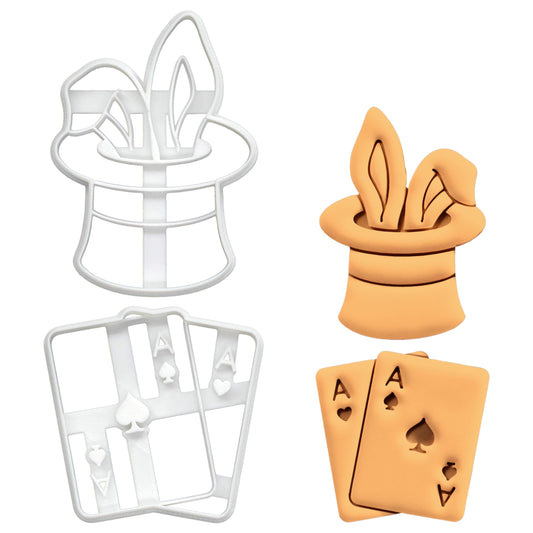 BAKERLOGY Set of 2 Magician themed Cookie Cutters (Designs: Double Ace and Rabbit in a Hat) - Bake Birthday Cookies, Detailed Biscuit Cutter Design for Baking and Crafts, ideal on fondant, dough, clay