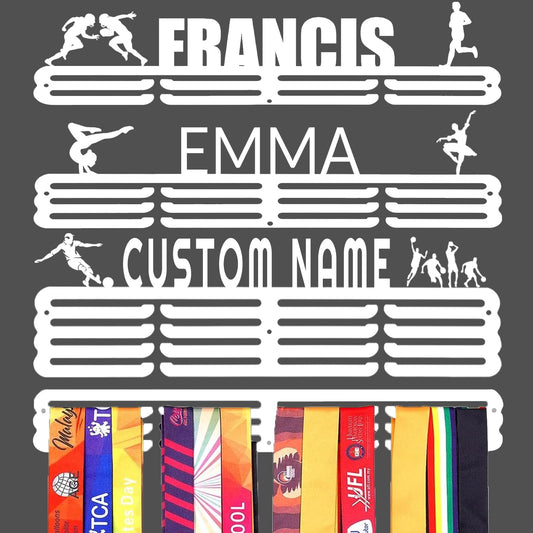 Personalized Medal Holder with Name Display Rack - Premium Metal Sports Race Plaques Hanger for Wall Mount, Holds Up to 60 Medals, for Athletes,White