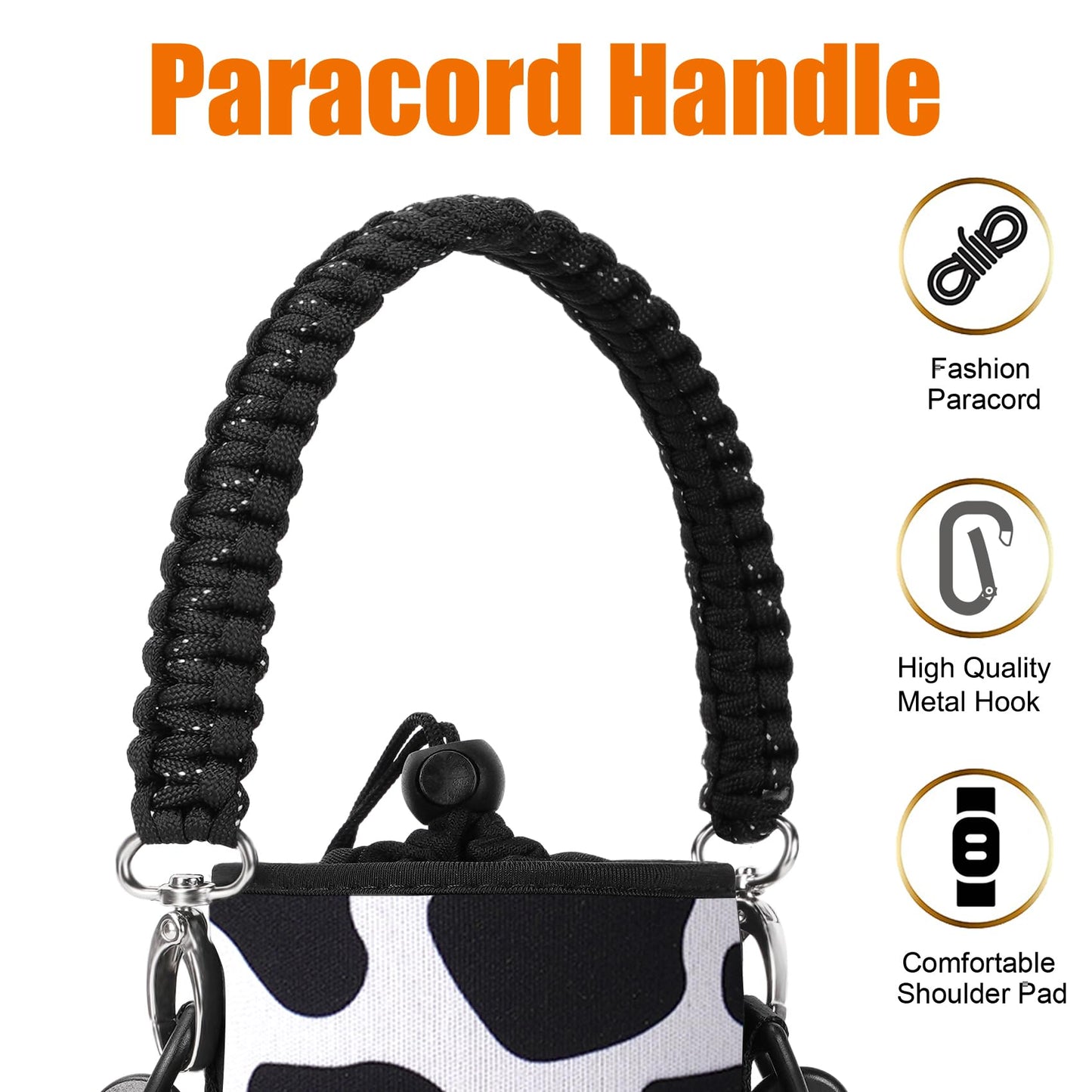 AceTreker 32/40/64/128 oz Water Bottle Sleeve Bag, Neoprene Bottle Carrier Holder with Strap & Paracord Handle for Walking, Hiking, Camping-Cow