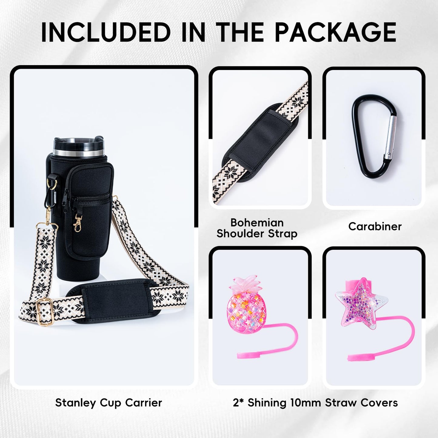 SWANSWIFT Upgraded Stanley Cup Carrier Bag Accessories for 30oz/40oz with Phone Pocket Tumbler Water Bottle Holder with Adjustable Strap with 2 Straw Covers &1 Carabiner (Black)