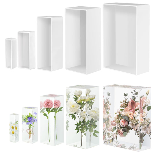 Large Resin Molds, Rectangle Silicone Molds for Epoxy Resin, 5 PCS Cuboid Resin Moulds with Wooden Support, Deep Casting Molds for Preserving Flowers, Insect Specimens, DIY Gifts, Furniture Decoration
