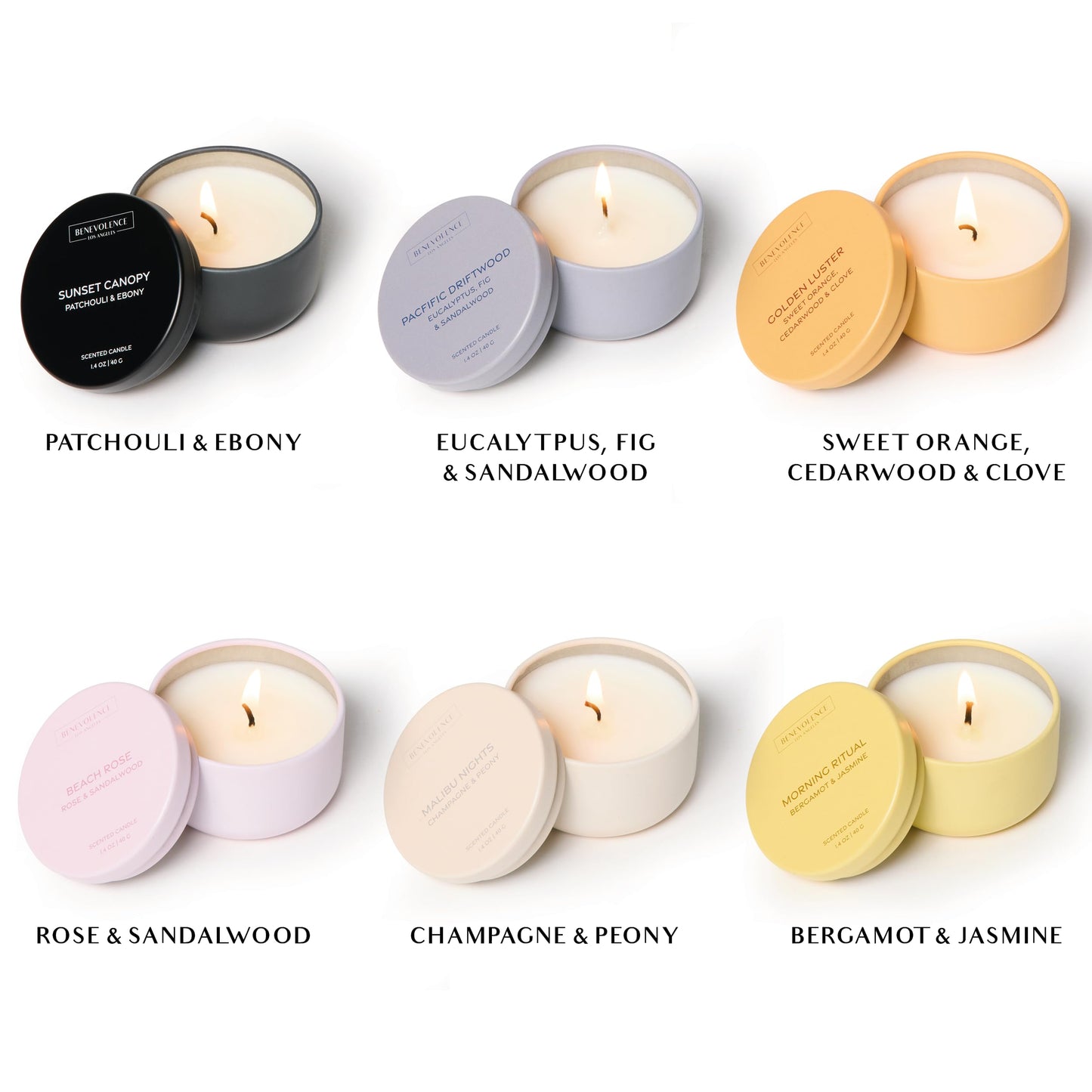 Benevolence LA Candle Gift Set – 6 Scented Candles (1.4 oz) | Aromatherapy Candles with Orange, Eucalyptus, Rose, & Jasmine Scents