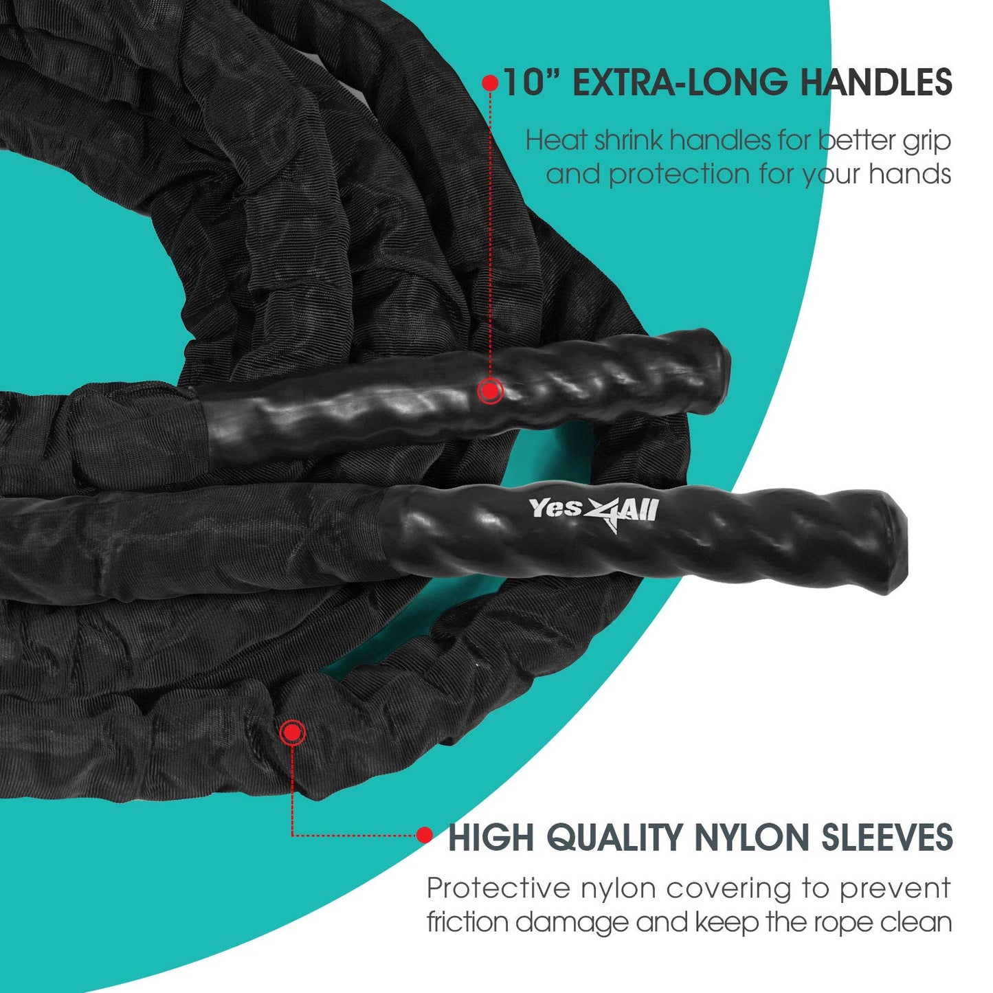 Yes4All Battle Exercise Training Rope with Protective Cover – Steel Anchor & Strap Included Black, 1.5in - 50ft