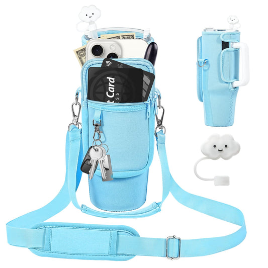 Water Bottle Carrier Bag with Pouch for Stanley 40 oz Tumbler with Handle, Neoprene Water Bottle Holder Pocket with Adjustable 4.9FT Strap, Bottle Pouch for Stanley Cup Accessories(Blue)