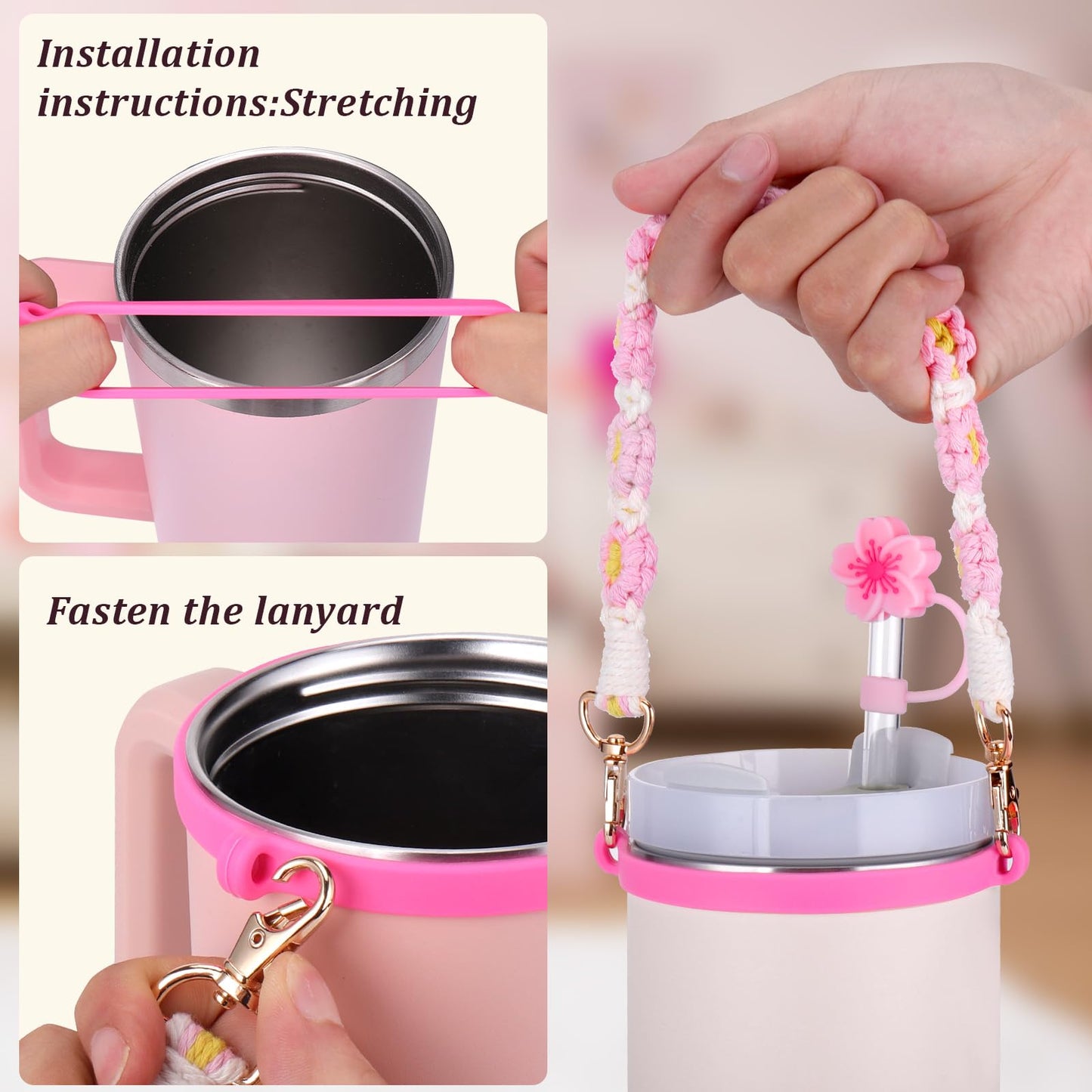 Mity rain 11PCS Cup Accessories for Stanley Cup 30oz 40oz Tumbler with Handle, Including Water Bottle Handle Strap, Spill Proof Stopper, Boot, Straw Topper Cover Cap for Stanley (Pink)
