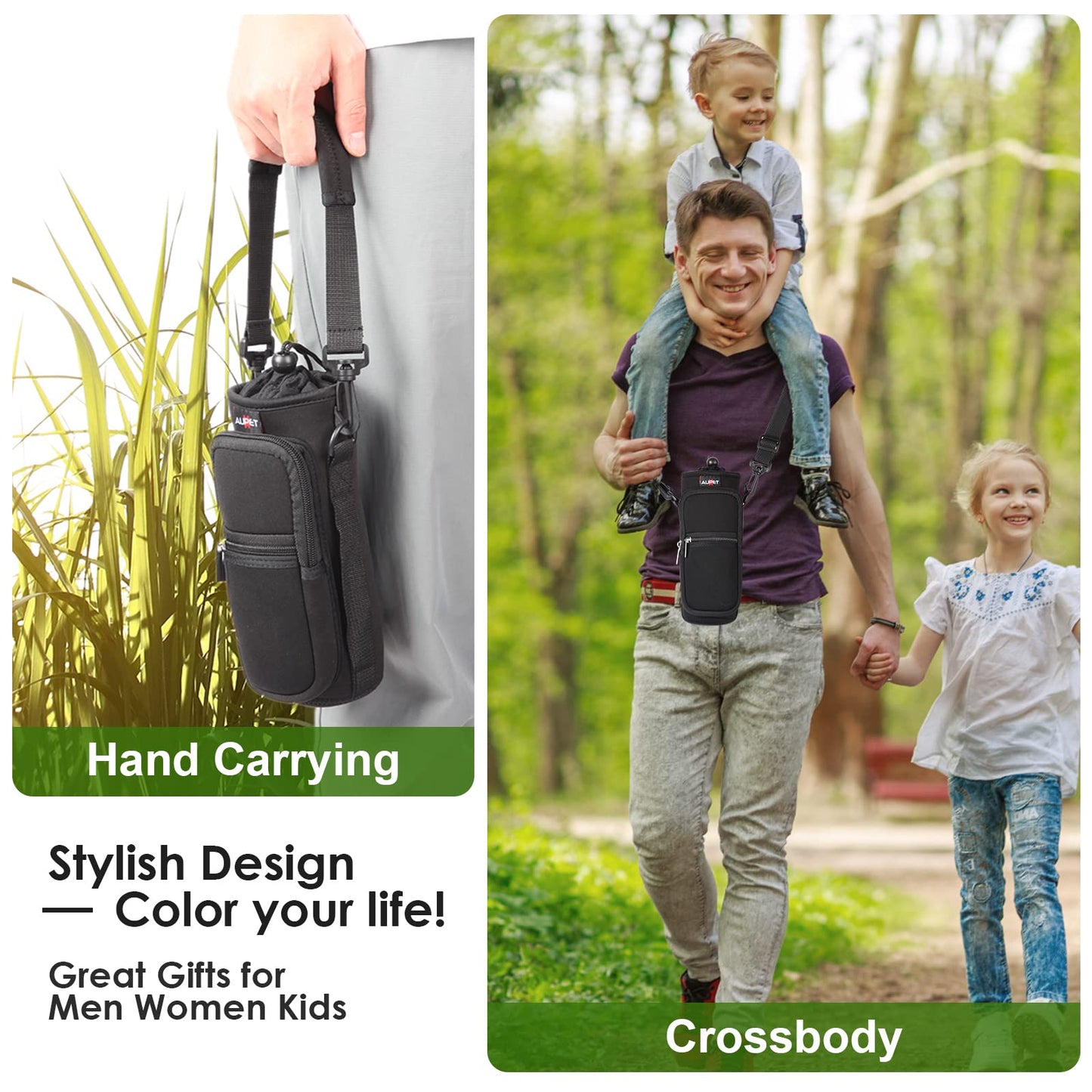 AUPET Water Bottle Sling Bag Sleeve Holder Carrier 25/32/40/64 oz,Insulated Crossbody Water Bottle Case Cover with Strap and Pockets for Men/Women Walking Hiking Camping (25oz, solid black)