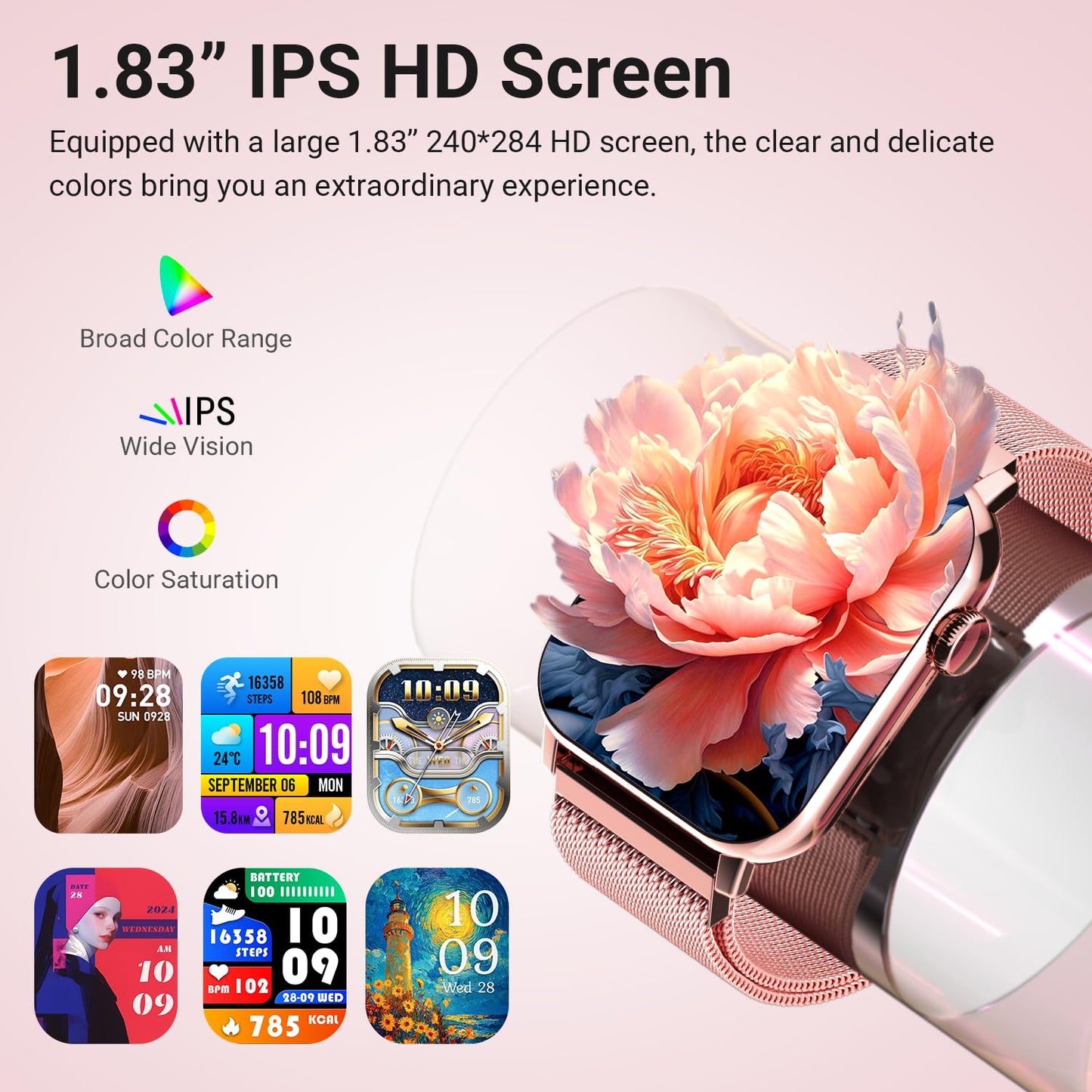 Trendia Smart Watches for Women, 1.83" HD Fitness Tracker (Answer/Make Calls), 120+ Sport Modes with Heart Rate/Sleep Monitor, IP68 Waterproof, Fitness Watch for iOS Android, Rose Gold