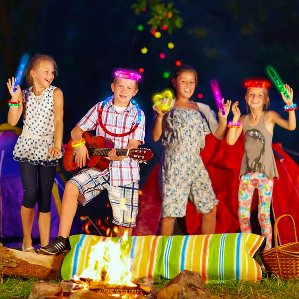 24 pcs Glow Sticks Camping Essentials for Kids, LED Light Up Pop Tubes/Bracelet Party Favors for Kids,Glow in The Dark Party Supplies,Halloween Birthday Gifts Xmas Stocking Goodie Bags Stuffers
