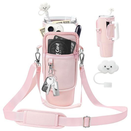 PRAGATISM Water Bottle Holder with Strap Pouch and Handle fits for Stanley 30 oz Tumbler, Water Bottle Carrier Bag with 4.9FT Strap, Bottle Pouch for Stanley Cup Accessories