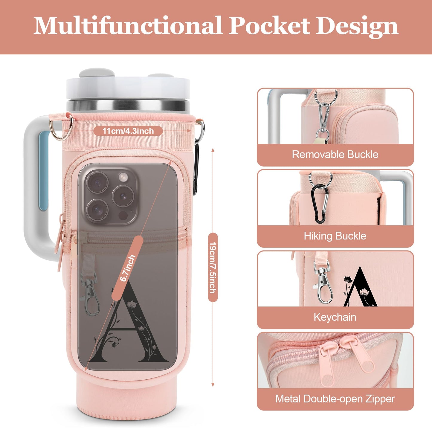 LOKASS for Stanley Cup Accessories 40 oz Water Bottle Carrier Bag with Phone Pocket for Stanley Tumbler Holder with Strap, Personalized Gifts with Floral Initial A-Z for Women/Girls/Stanley Cup Fans