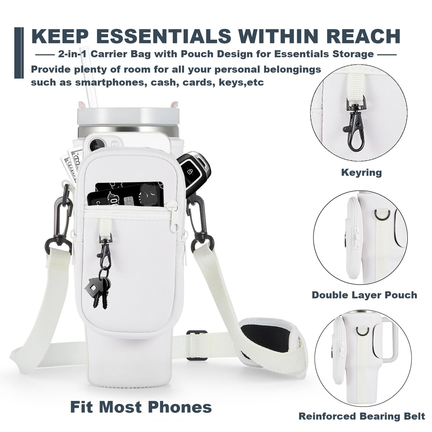 BULKITEM 30oz Water Bottle Carrier Bag with Phone Pocket for Cream Stanley 30 oz Tumbler with Handle, Cream Insulated Neoprene Cup Holder Pouch Strap for Stanley Cup Accessories