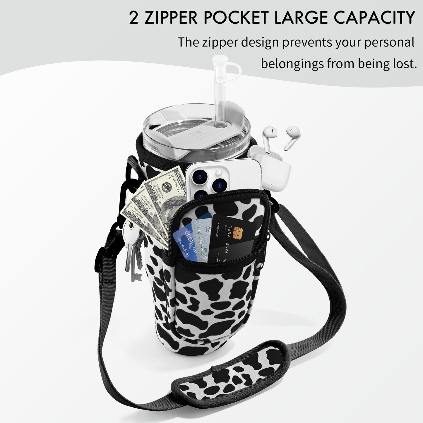 JEBEALUO Water Bottle Carrier Bag with Phone Pocket for Stanley Cup 40/30 oz, Water Bottle Holder with Adjustable Strap& Straw Cover, Stanley Cup Accessories (Cow)