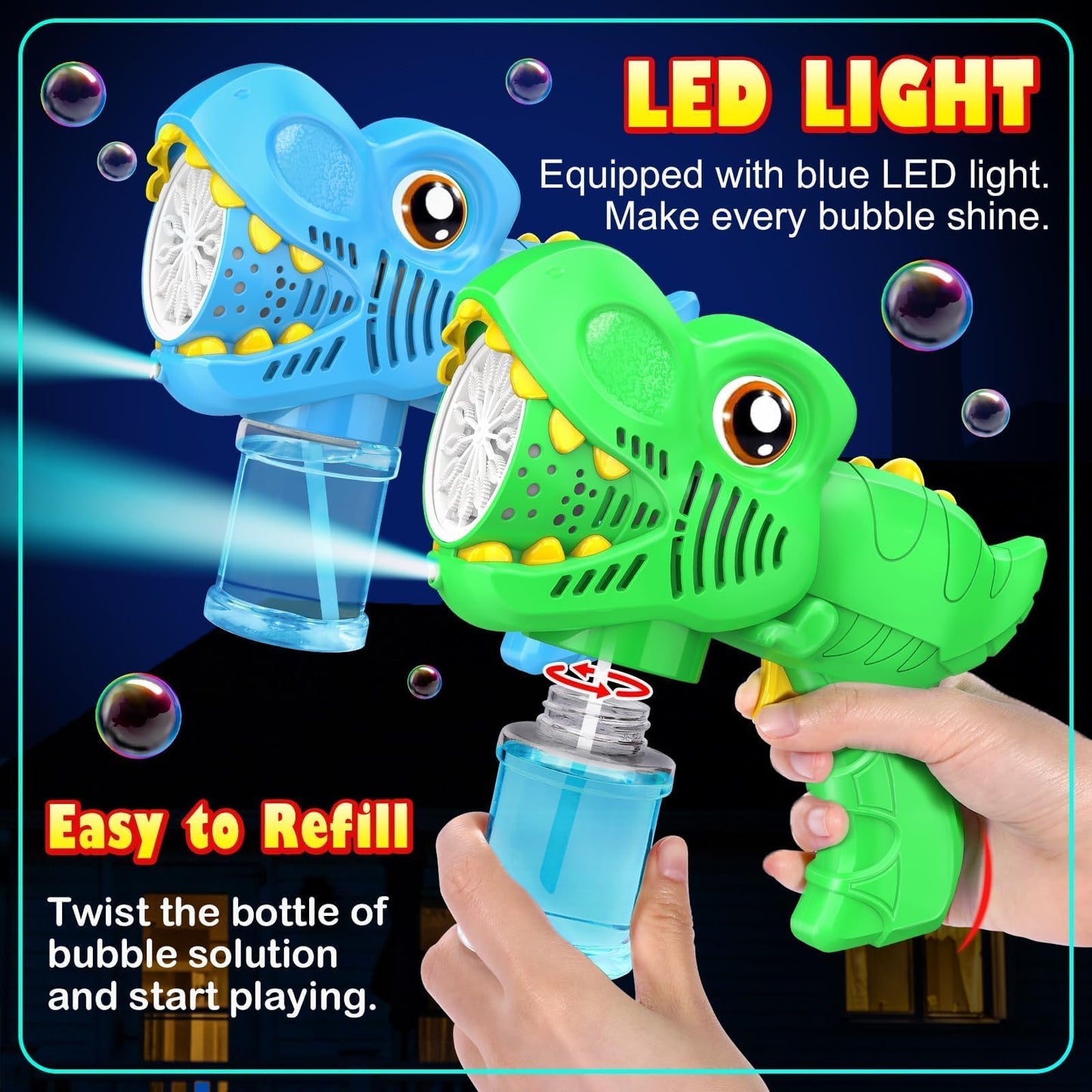 Kids Bubble Gun 2 Pack Dino Bubble Machine Gun for Toddlers with 4 Solutions Automatic 13-Hole Bubbles for Kids Blower Maker Easter Basket Essentials Stocking Stuffers Gift Party Favors for Boys Girls