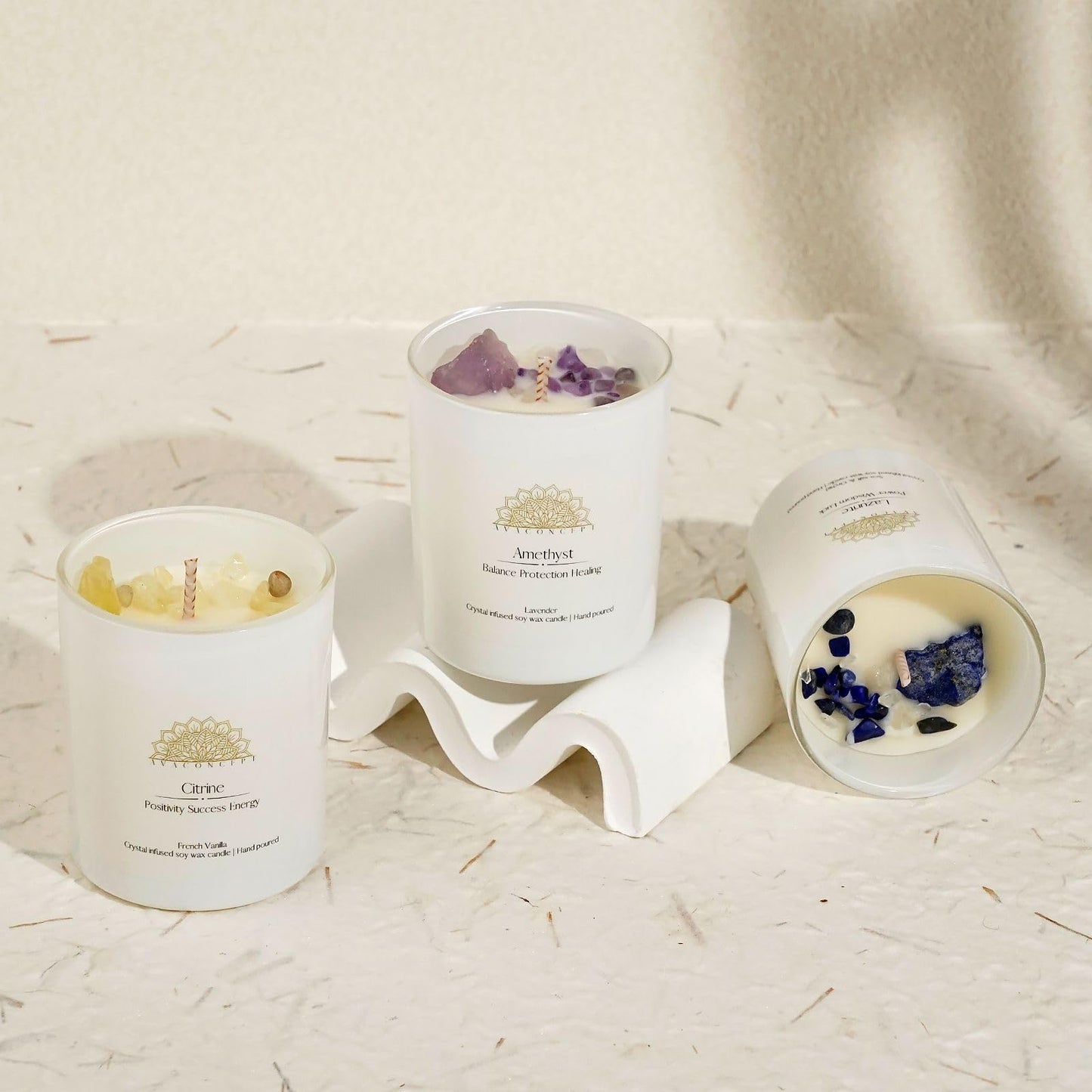 AVA CONCEPT Soy Candles with Healing Crystals. Amethyst, Lazurite, Citrine Crystal. Lavender, Sea Salt & Orchid, French Vanilla. Positivity Energy Gift for Women, 3PC Scented Candle Set 3.5 oz Each