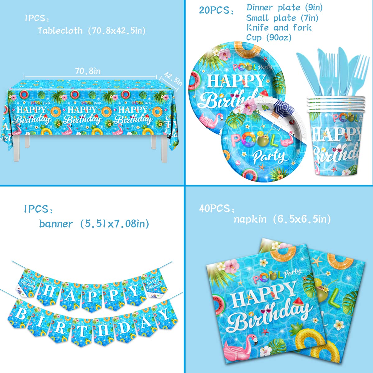 142 Pieces Pool Birthday Party Supplies - Summer Pool Tableware Set Plate,Cups,Tablecloth for Summer Pool Birthday Party, Hawaii Holiday Decorations