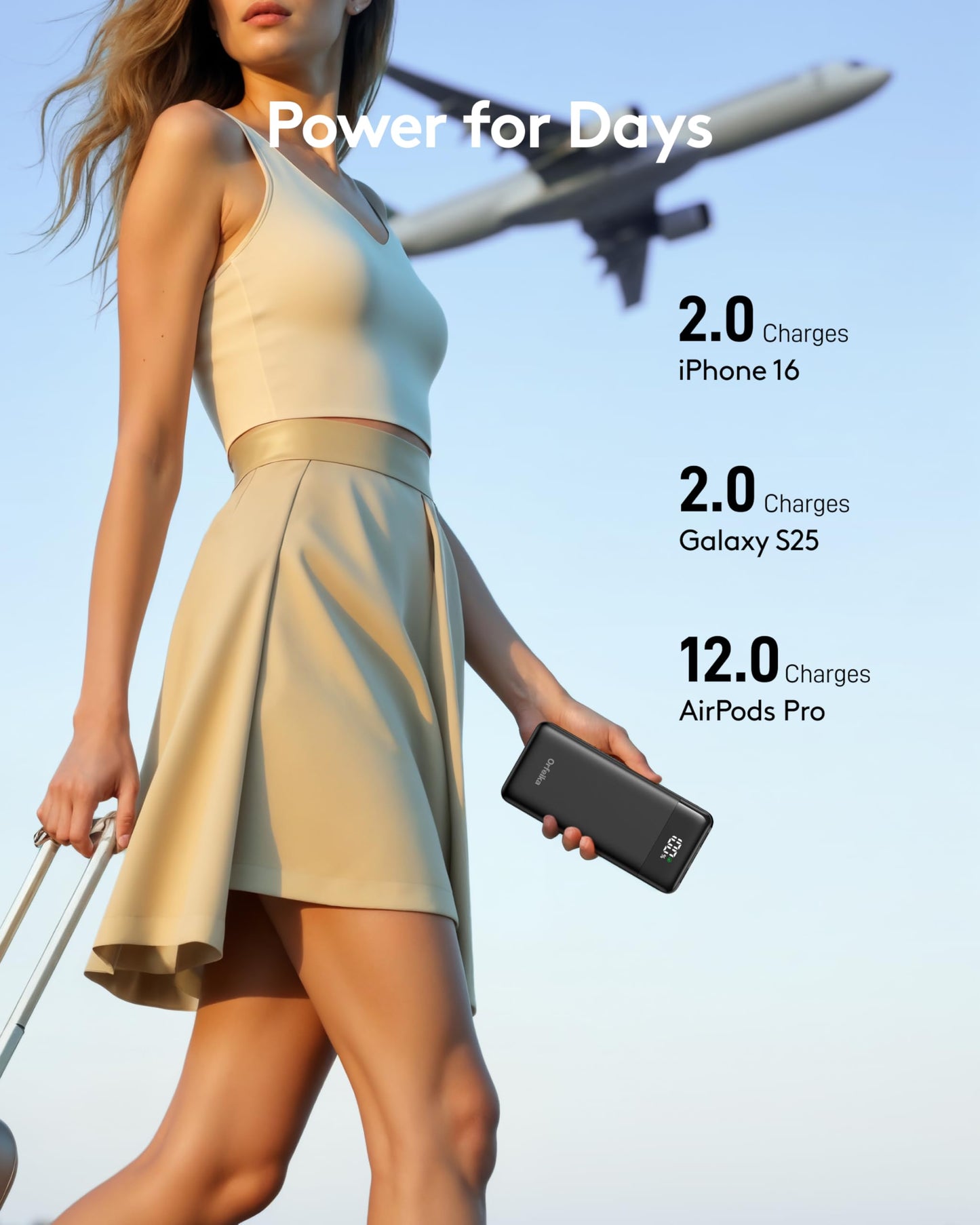 Orfeika Portable Phone Charger, 10000mAh Portable Charger Power Bank with Built-in Cables, Travel Essential Battery Pack Compatible with iPhone, Samsung, Google, iPads, Tablets, etc