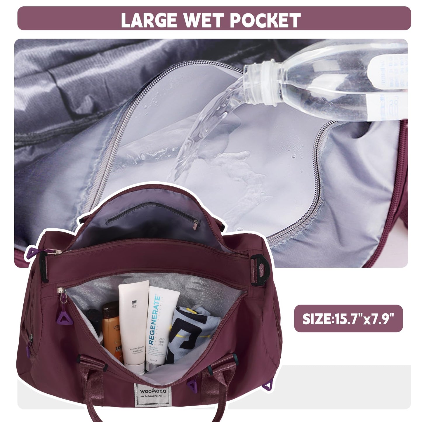 WOOMADA Women's Gym Duffel Bag, Travel Overnight Tote with Shoe Compartment, Large Wet Pocket & Trolley Sleeve, Ideal for Travel, Workout, Sport(Purple)