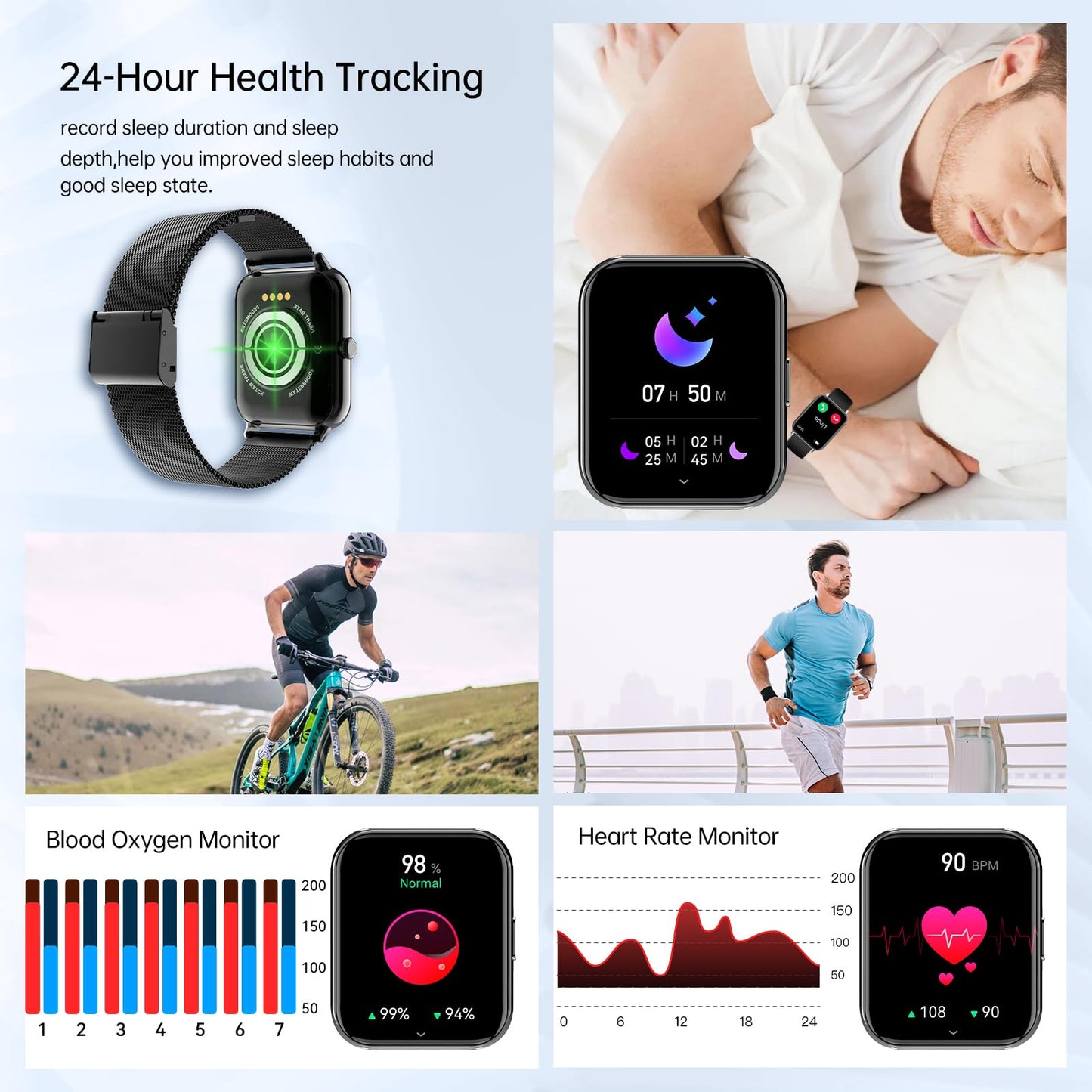 Smart Watch for Women Men(Answer/Dial Calls) 1.85" HD AI Voice Smartwatch with Fitness Tracker/Step Counter/Heart Rate Sleep Monitor, 120+ Sports Modes, IP68 Waterproof for Android/iOS Black 2 Bands