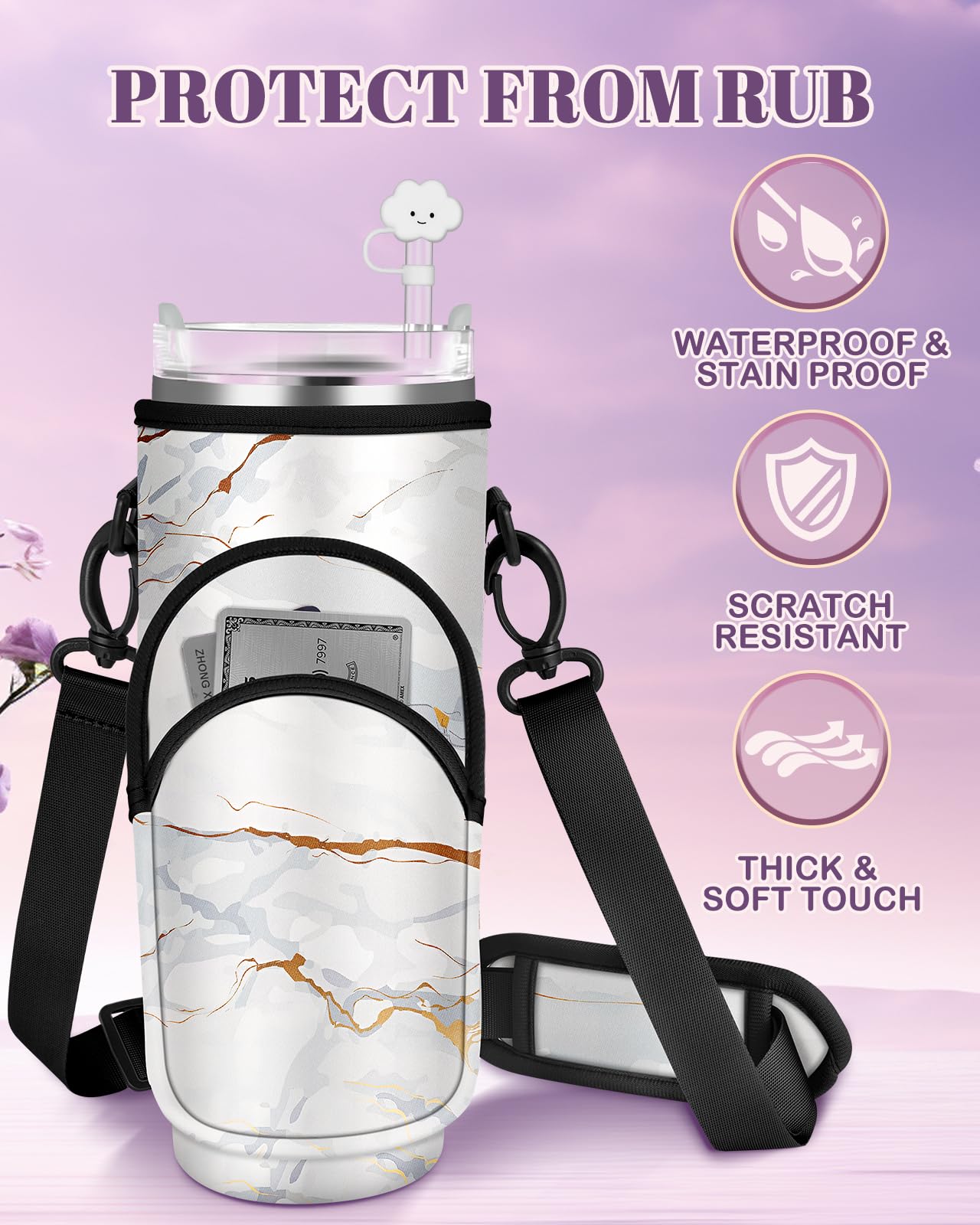 Toykee Water Bottle Holder Carrier Bag for Stanley 40 OZ Tumbler with Strap Phone Pocket, White Wrap Around Drink Cup Purse Pouch with Straw Cover Cleaner Brush Accessories Marble Print