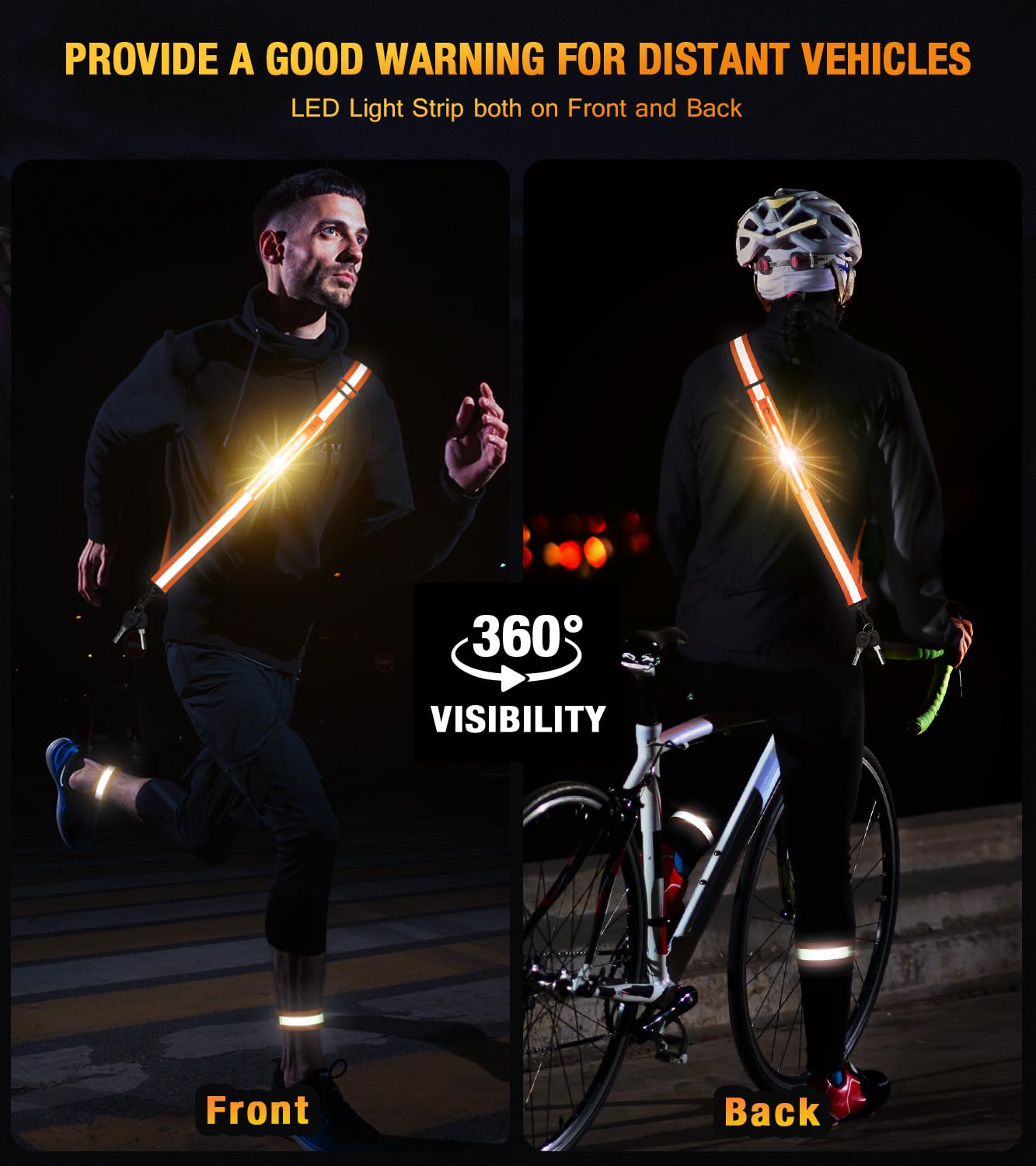 LED Reflective Running Gear High Visibility Reflective Belt Sash with Armband for Walking at Night,Adjustable Running Safety Gear Light Up Running Belt for Runners Walkers Men Women (Orange)