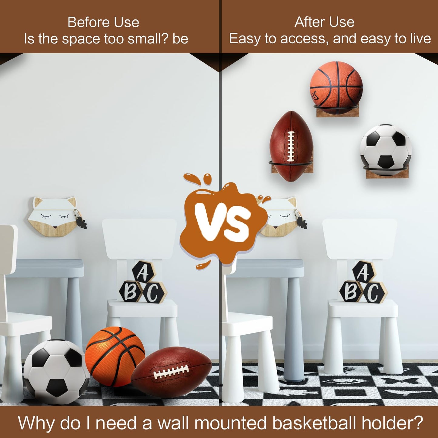 JOINSI 2PCS Wood Basketball Holder Wall Mounted, Ball Organizers Rack Display Wall Storage for Soccer, Volleyball, Rugby, Football