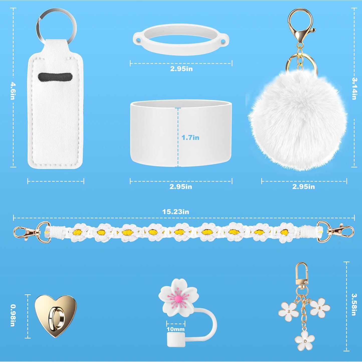 Mity rain 8PCS Cup Accessories for Stanley Cup 30oz 40oz Tumbler with Handle, Including Water Bottle Handle Strap, Chapstick Holder, Boot, Keychain Charms, Straw Topper Cover Cap for Stanley (White)