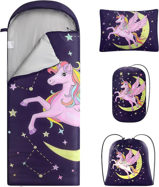 Sleeping Bag for Kids Girls Boys, Warm Weather Sleeping Mat with Pillow for Camping Backpacking Hiking Daycare School Travel, Ultralight, Durable, Water-Resistant, Easy Carry and Pack