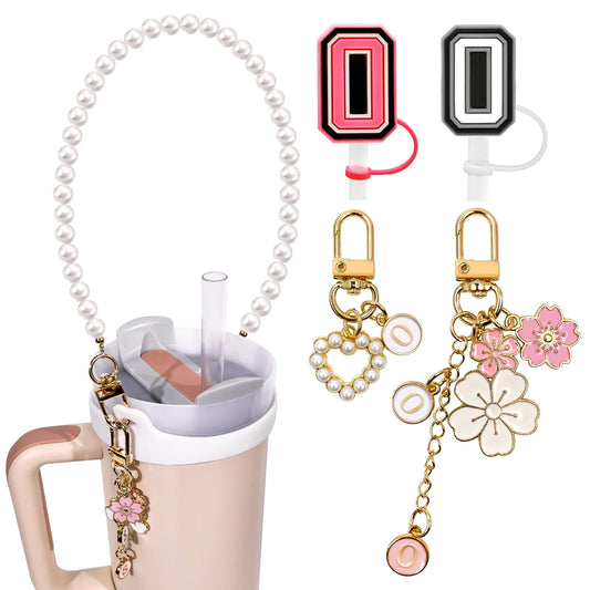 Lingdeer Water Bottle Handle with 2Pcs Letter Charms & 2Pcs Personalized Initial Straw Cover Toppers, Water Bottle Holder Lanyard Sling Carrier Strap, Suitable for 30&40 Oz Stanley Cup Accessories (O)