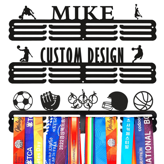 Goutoports Personalized Basketball Medal Hanger with Name Sport Medal Holder Display Rack for Awards Ribbons - Custom Metal Holder - Holds Up to 60 Medals - Birthday for Athlete Boys Girls