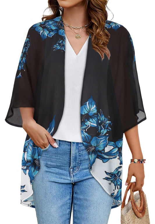 Women's Floral Print Puff Sleeve Kimono Cardigan Loose Cover Up Casual Blouse Tops(Black Blue Floral,S)