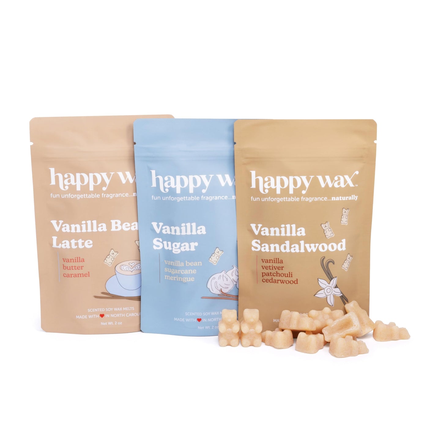 Happy Wax Vanilla Lovers Scented Natural Soy Wax Melts – 6 Oz Total - Includes: VanillaBeanLatte, VanillaSugar and VanillaSandalwood