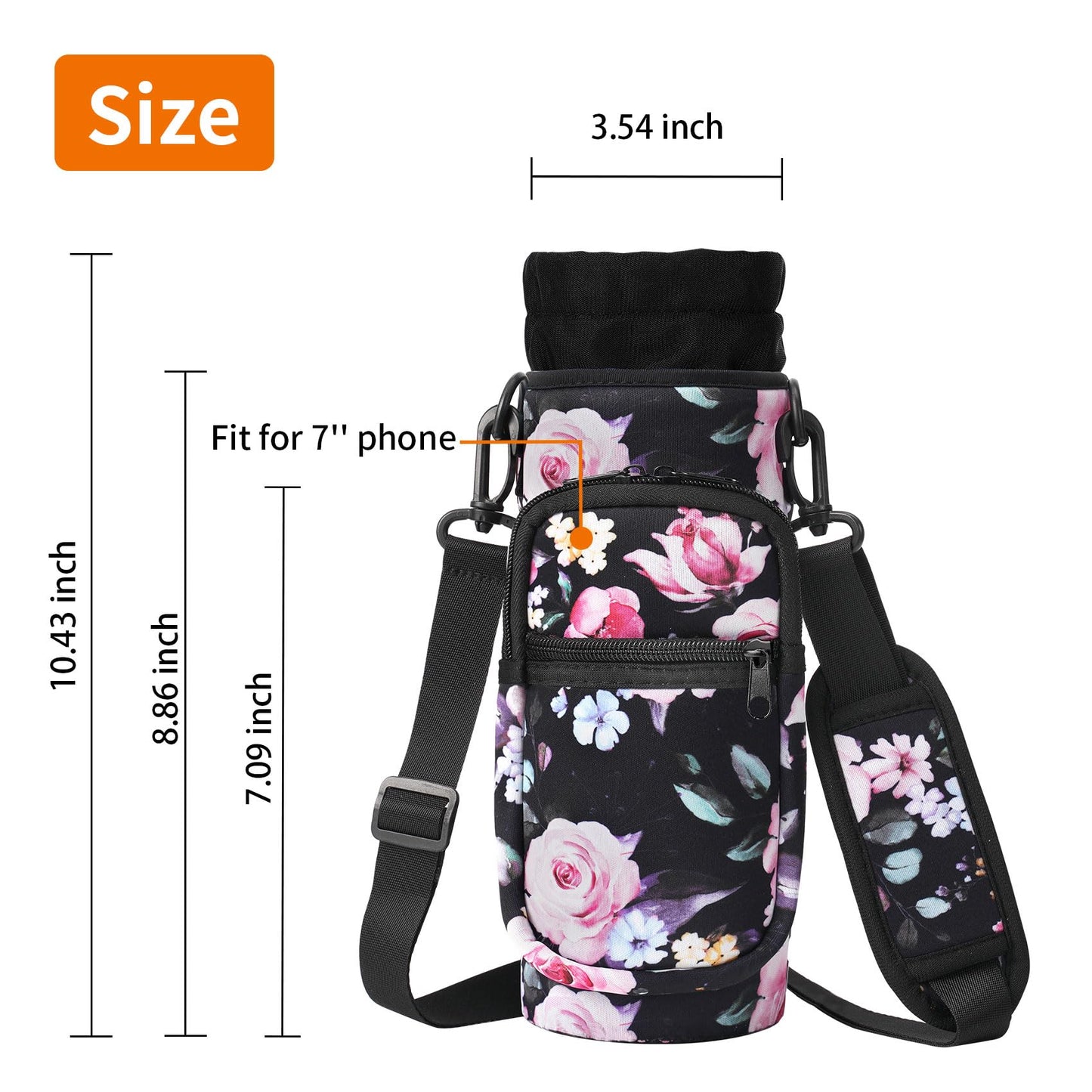 AceTreker Water Bottle Sleeve, 32 oz 40 oz Water Bottle Carrier with Strap & Paracord Handle, Neoprene Insulated Bottle Holder Sling Bag with Phone Pocket for Walking Hiking Sport-Black Flower