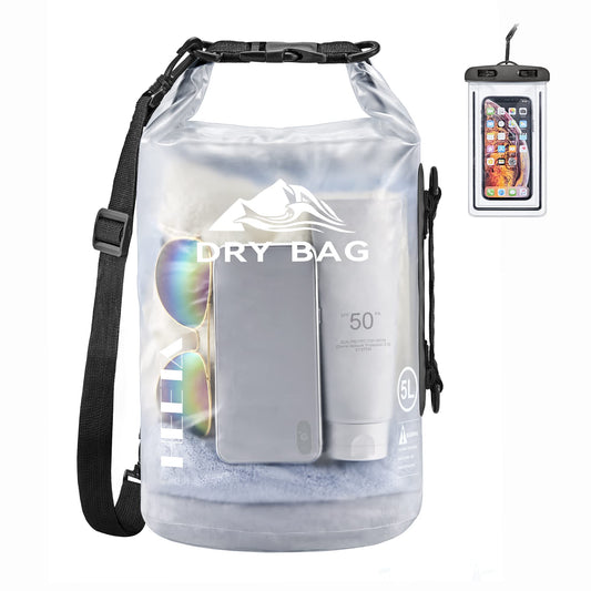 HEETA Waterproof Dry Bag for Women Men, Roll Top Lightweight Dry Storage Bag Backpack with Phone Case for Travel, Swimming, Boating, Kayaking, Camping and Beach, Transparent White 5L