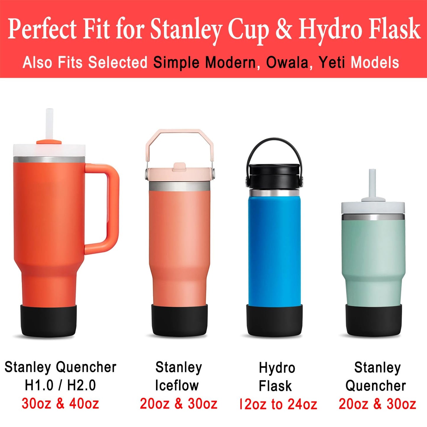 KTKUDY 2Pcs Silicone Boot for Stanley Quencher Tumbler H2.0 30 oz 40 oz & IceFlow 20 oz 30 oz & intended for Hydro Flask Water Bottle 12-24 oz - Cup Bottom Accessories Fits Stanley Cup, Black