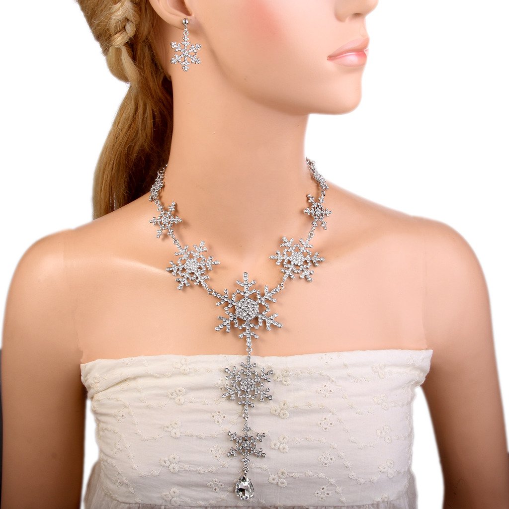 EVER FAITH Austrian Crystal Tear Drop Snowflake Necklace Earrings Set Clear Silver-Tone