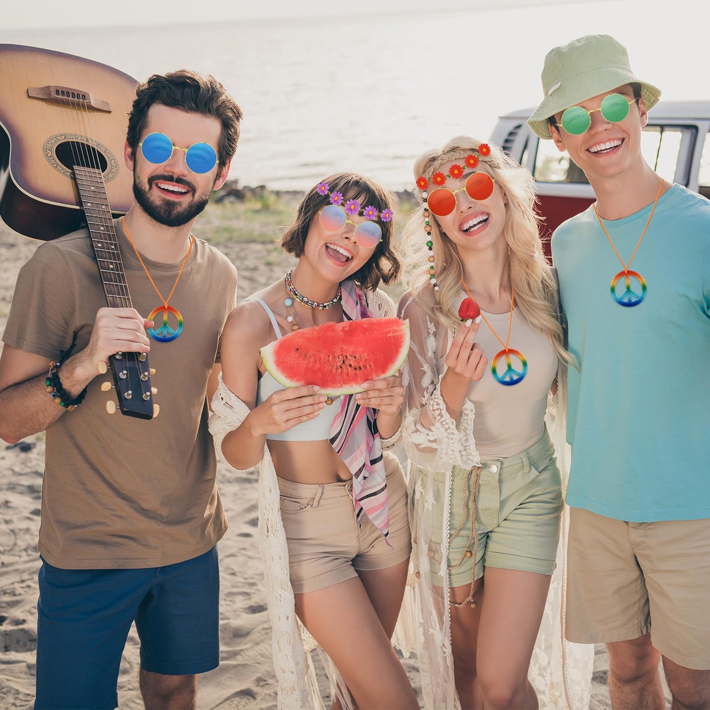 NEBURORA 60 Pieces Hippie Costume Accessory Set Multicolor Sunglasses Daisy Flower Headband Rainbow Peace Sign Necklaces for Hippie Party Supplies